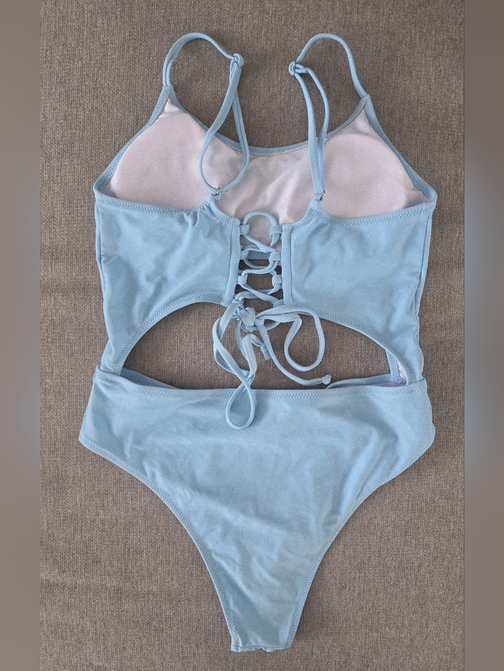 Light Blue Cutout One Piece Swimsuit Lace Up Back High Cut, Size L - Picture 2 of 4